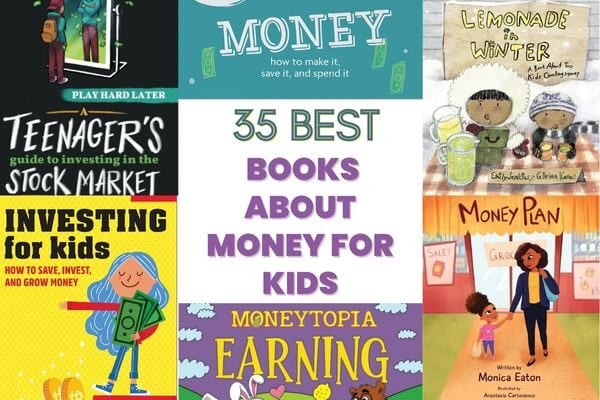 book collage; books about money kids