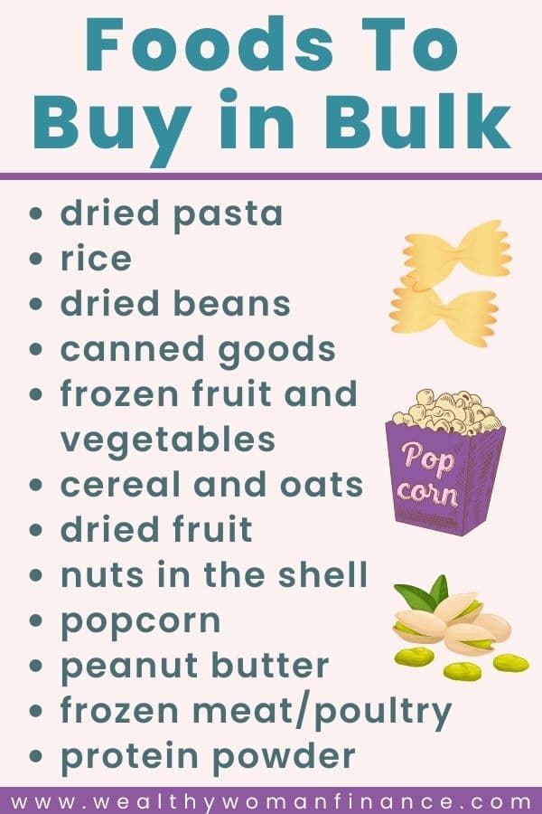 Foods to buy in bulk pin; how to stop eating out challenge, cooking and eating at home