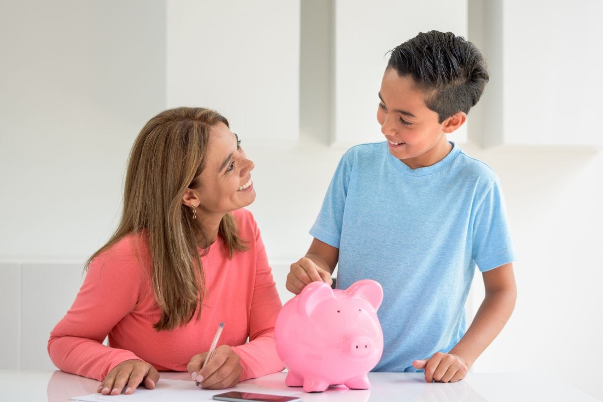 woman looking at son discussing personal core money values examples