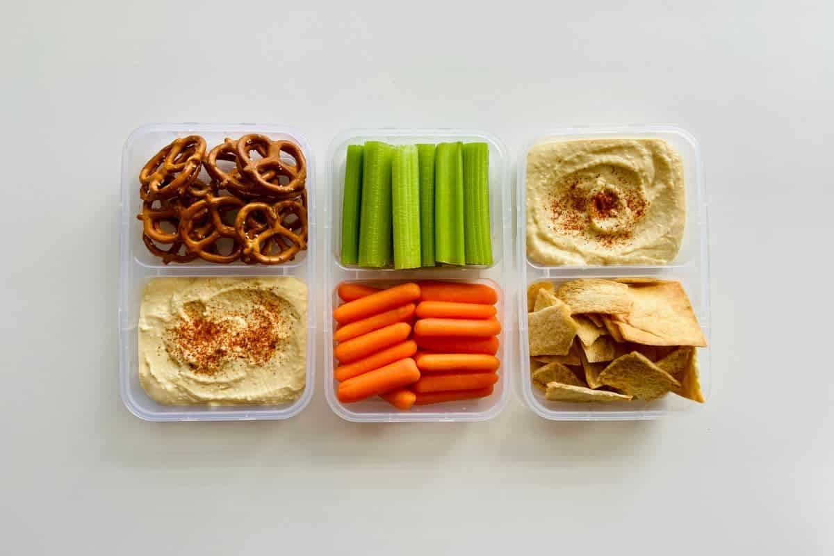 vegetables, pretzels, crackers, and hummus