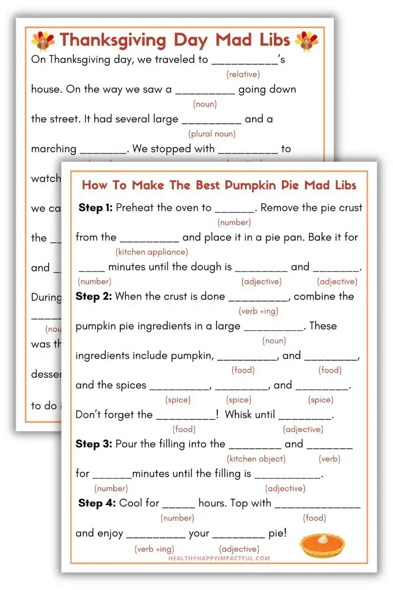 Thanksgiving mad libs; free and cheap printables activities and things to do for kids