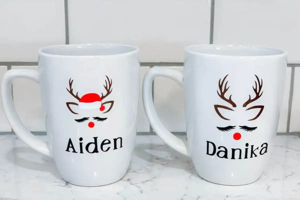 personalized reindeer mugs; Christmas cricut crafts to make and sell