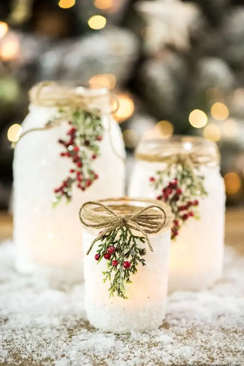 lighted snowy mason jars