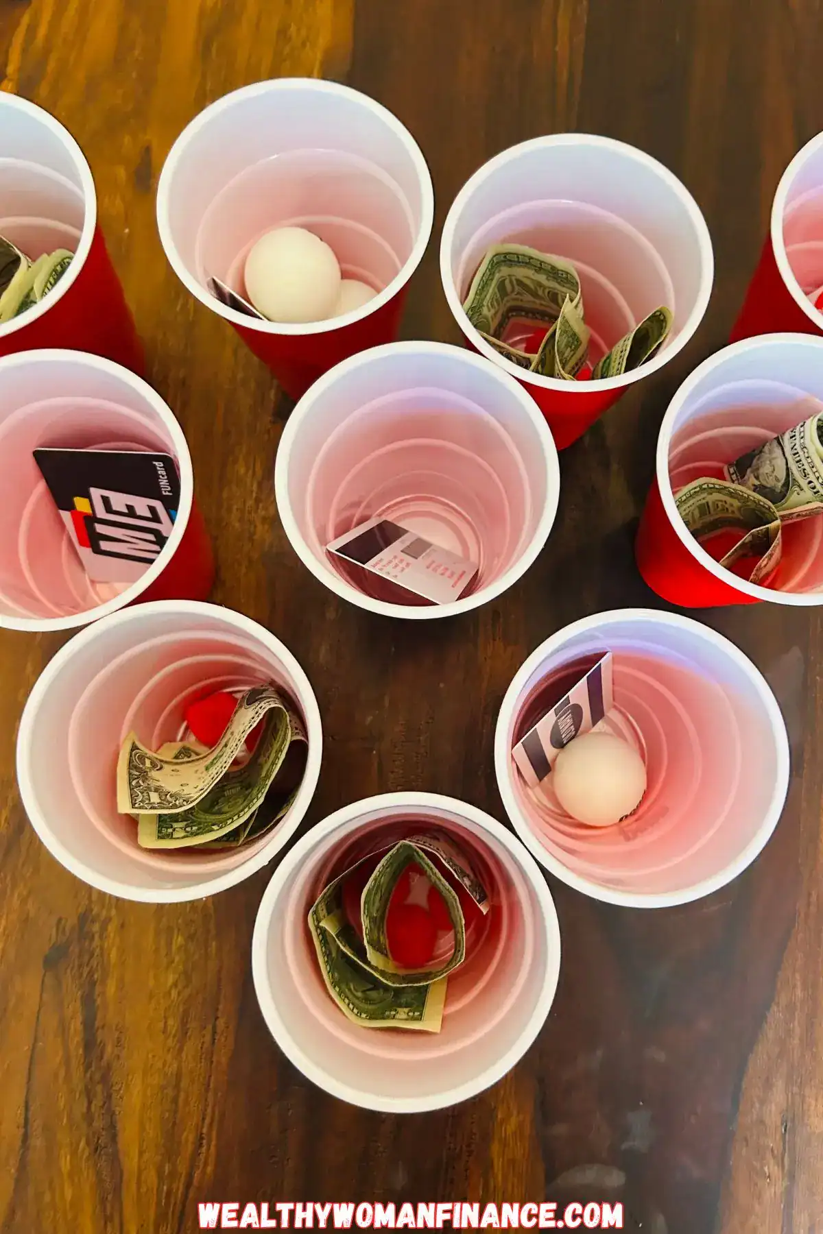 gift cards and cash in cups