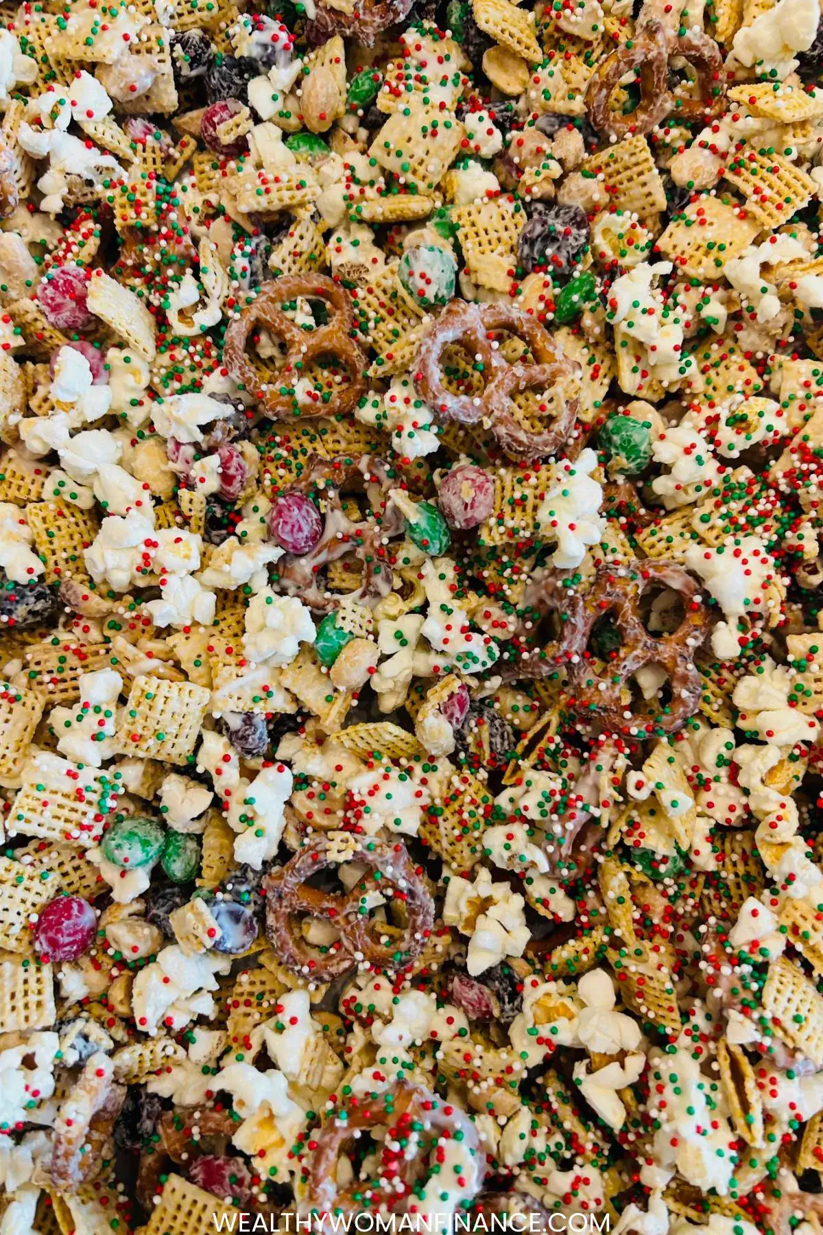 budget f riendly Christmas snack mix; chex cereal; popcorn