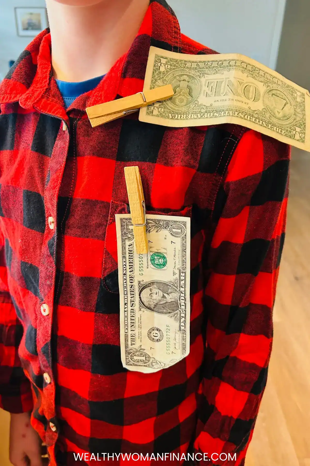 dollars attached to shirt collar