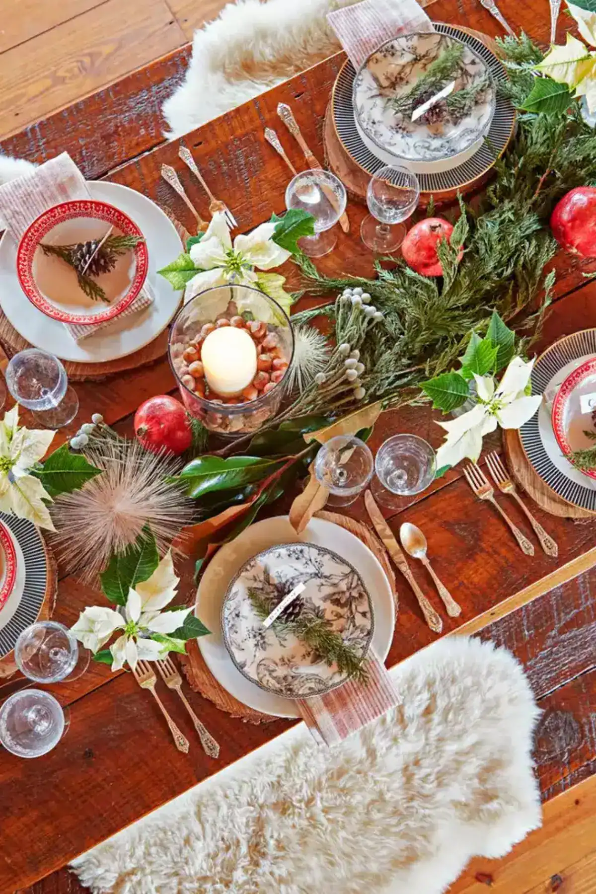 pomegranates, acorns, evergreen