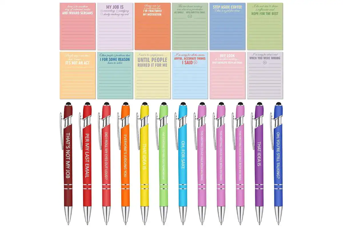 funny office notepads and pens; cheap coworker Christmas gift ideas