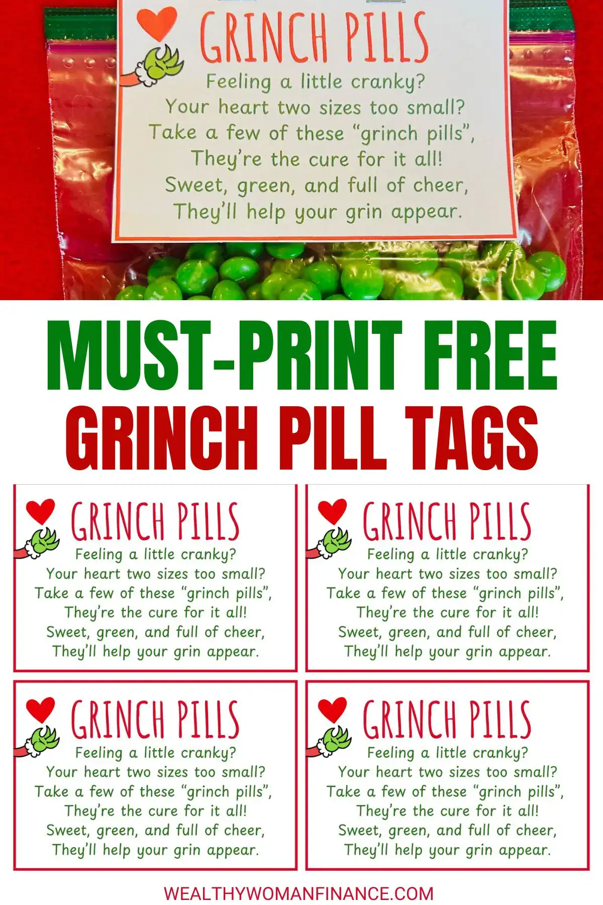 grinch pills free printable bag topper; tic tac, white elephant gifts