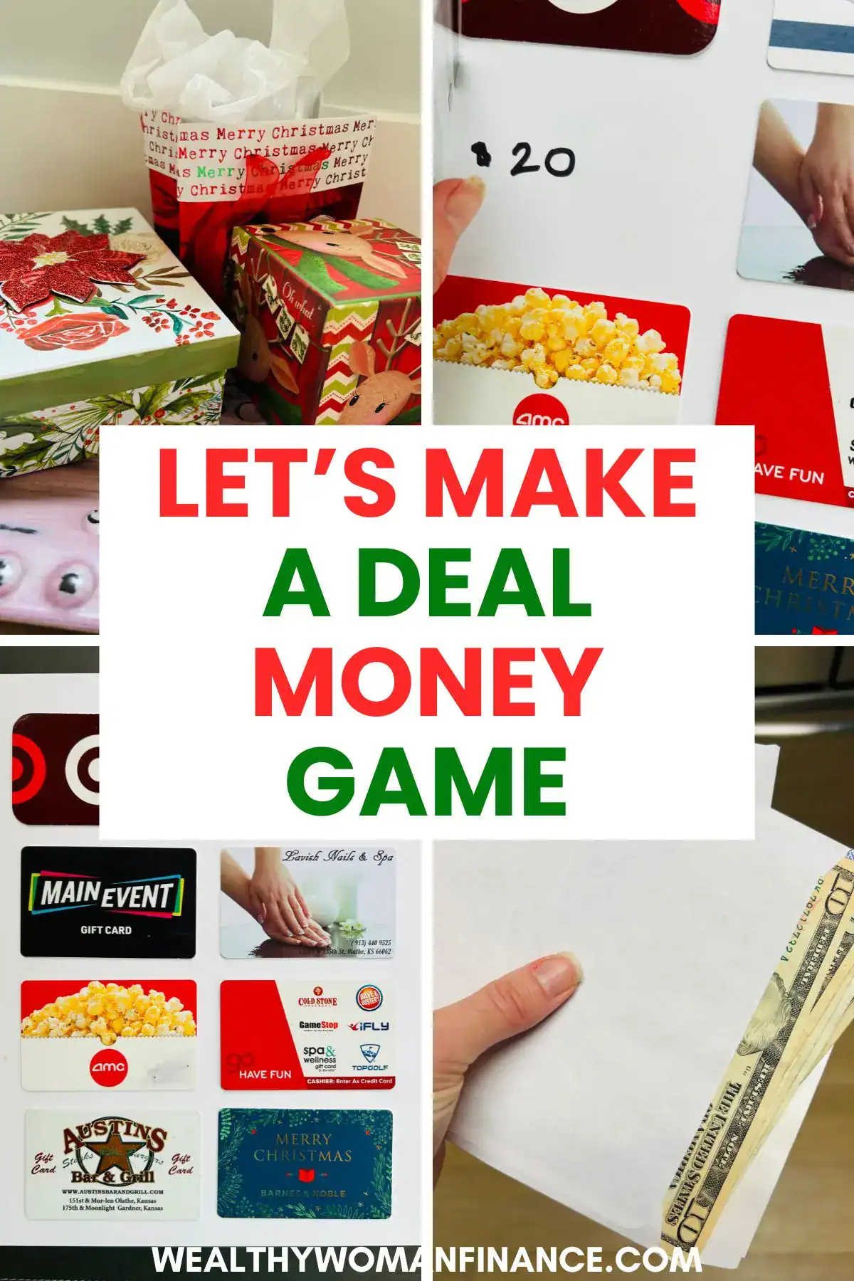 Let's make a deal Christmas party game with money, gift cards, and gifts