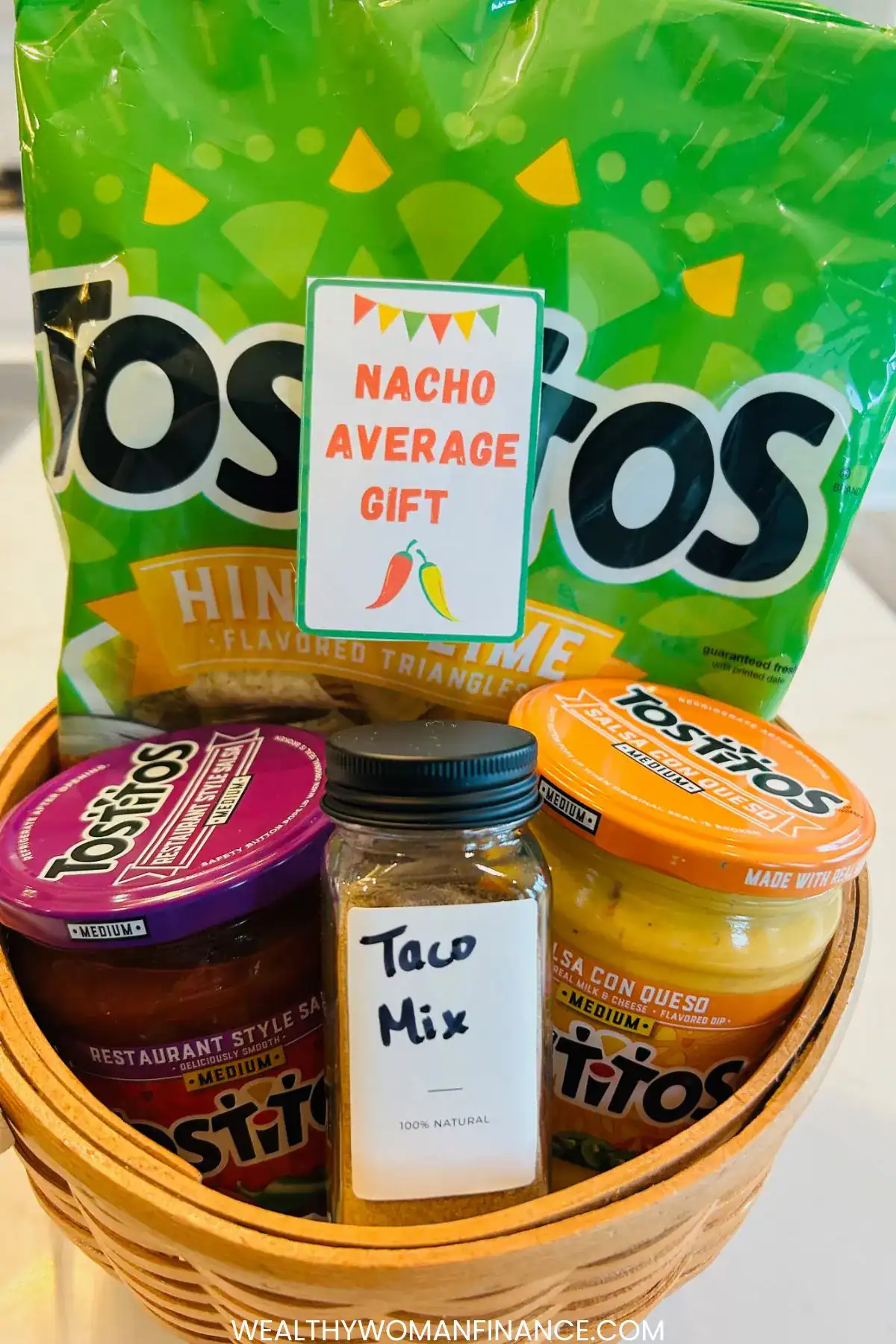 tortilla chips, cheese dip, salsa, taco seasoning 