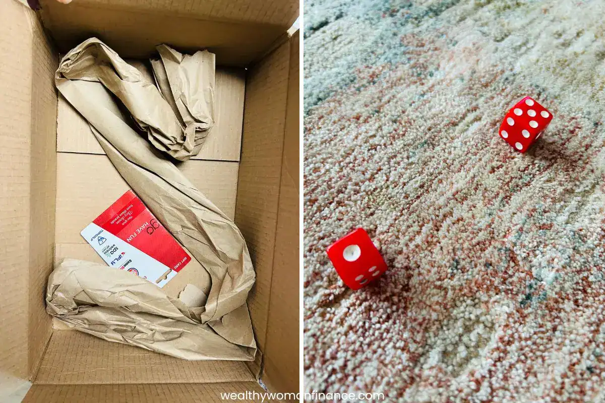 gift card, dice on carpet